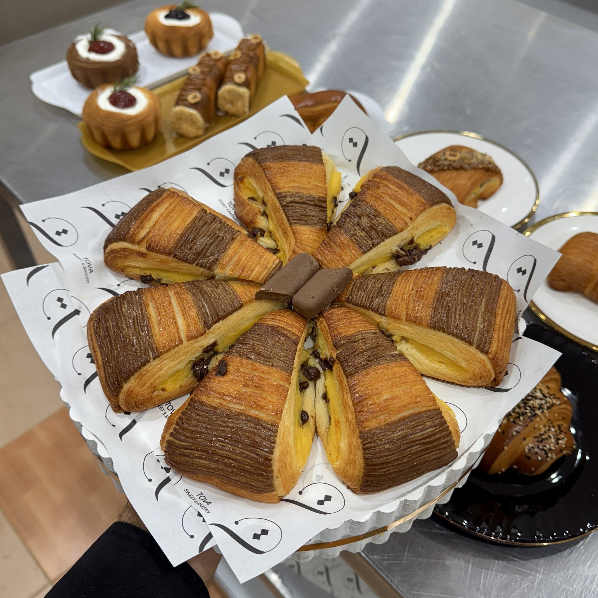 Baked bicolor danish arranged in a circle